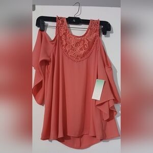 Elegant Coral/Pink Lace Cold Shoulder Top